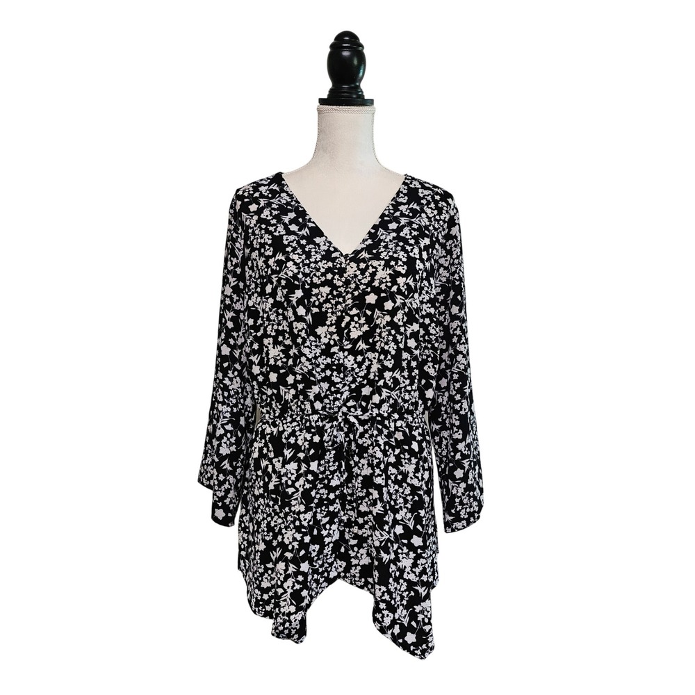 Lane Bryant Black Floral Tie Waist‎ Button Front Top Size 18/20 Dark Cottagecore